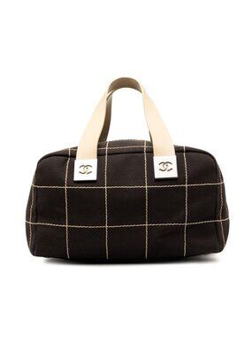 Chanel Choco Bar CC Logo Boston Bag Black Beige Canvas Leather